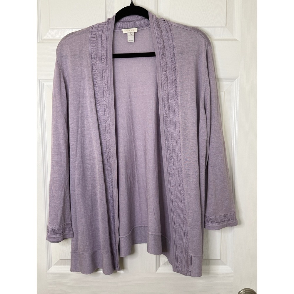 Chico's Silk Cardigan Womens 3 XL Lavender Open Front Ladder Stitch Excellent
